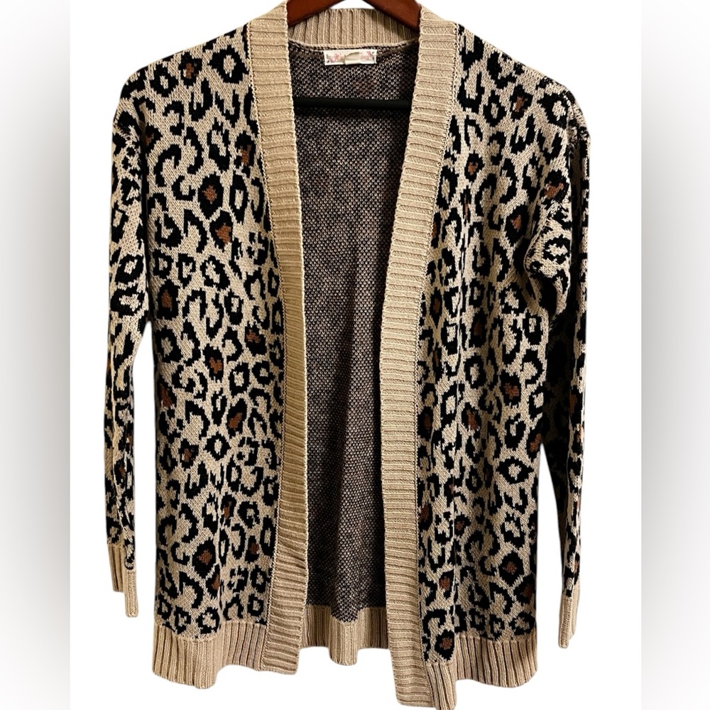 It’s Our Time Tan Black Brown Leopard Print Open Front Cardigan Sweater Size XS